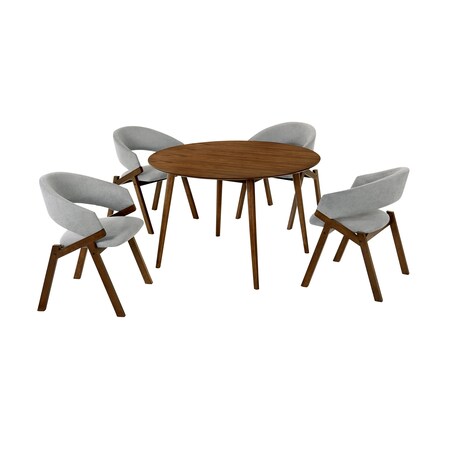 Armen Living Arcadia and Talulah 48" Round Gray and Walnut Wood 5 Piece Dining Set SETARDI5TAGRWA48